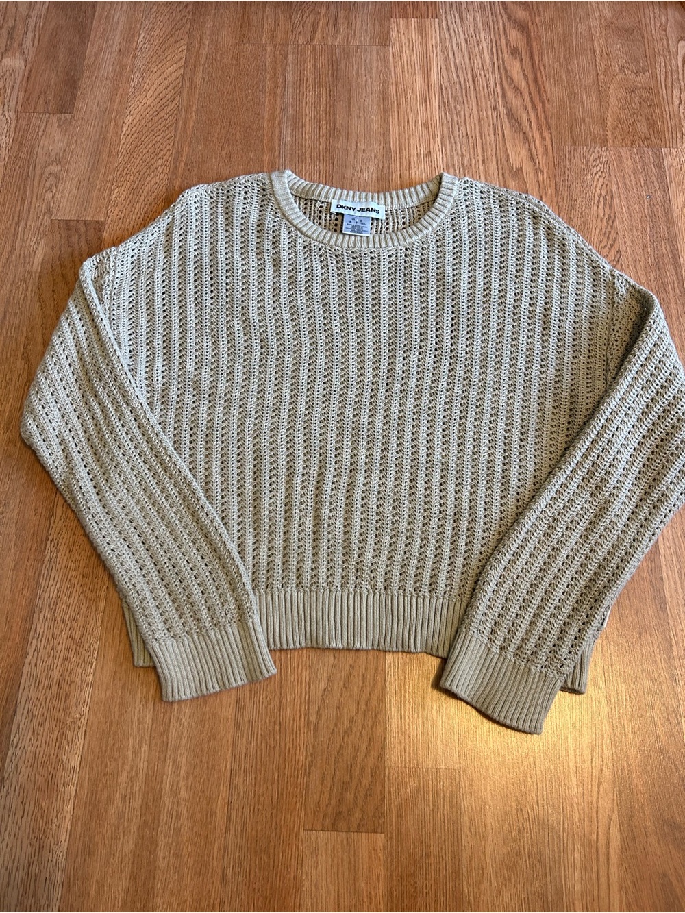 DKNY Women's Cream Open-Knit Crewneck Sweater long sleeve 100% cotton size large